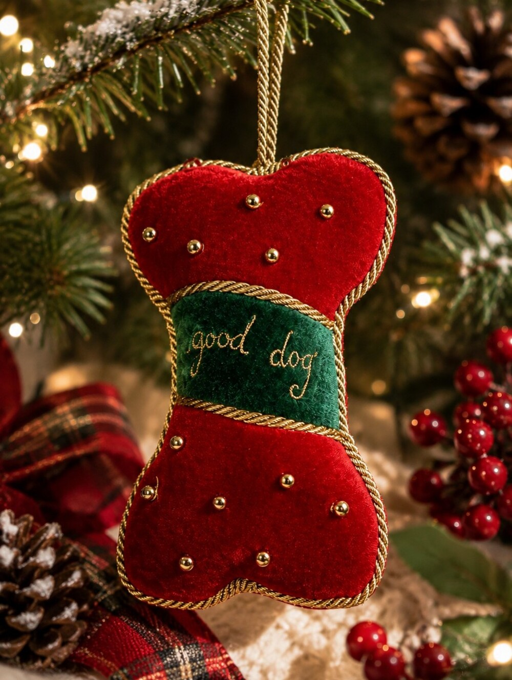 Good Dog Velvet Bone Christmas Ornament Dog Lover Pet Holiday Decor 5"